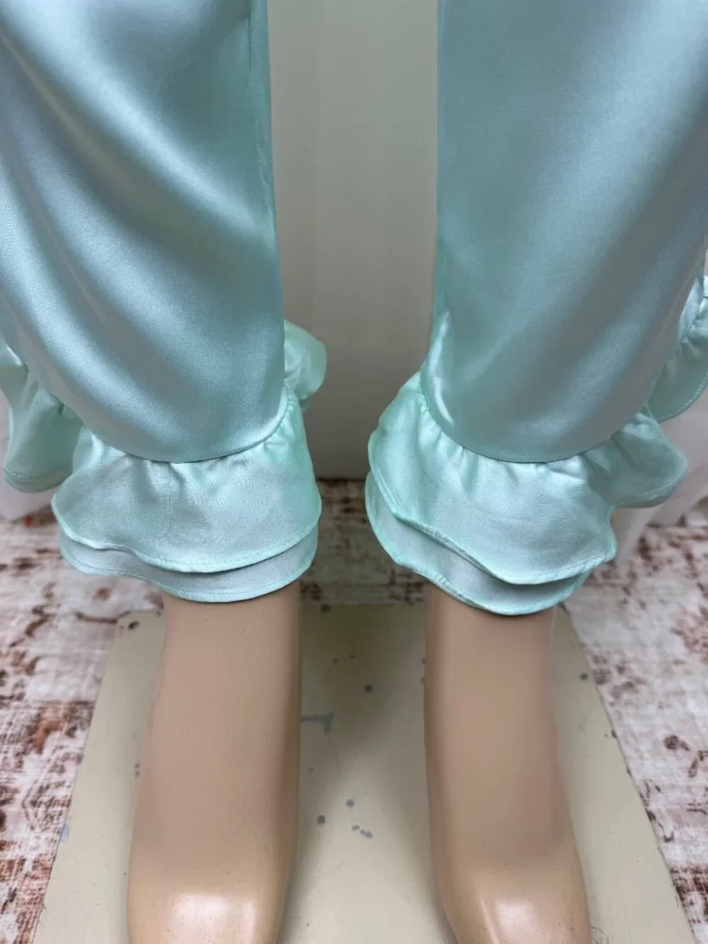 NWOT Victoria's Secret Afterhours Satin Pajama Pants Mint Green Ruffle Hem Mediu